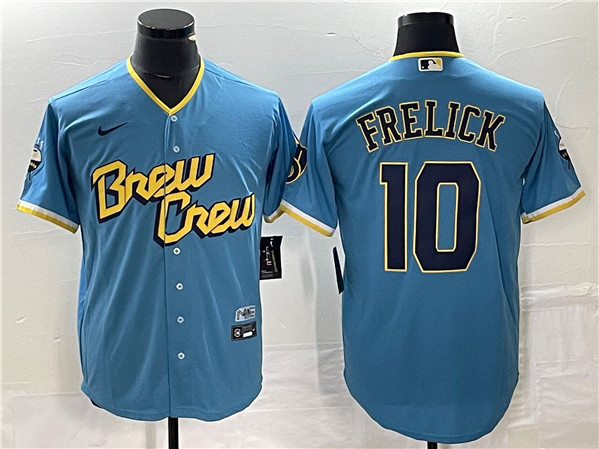 Men's Milwaukee Brewers #10 Sal Frelick 2022 Powder Blue City Connect Cool Base Stitched Jersey